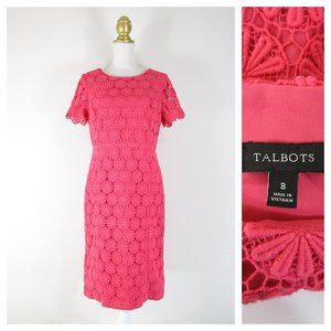 Talbots Coral Pink Floral Lace Overlay Short Sleeve A-line Dress 8